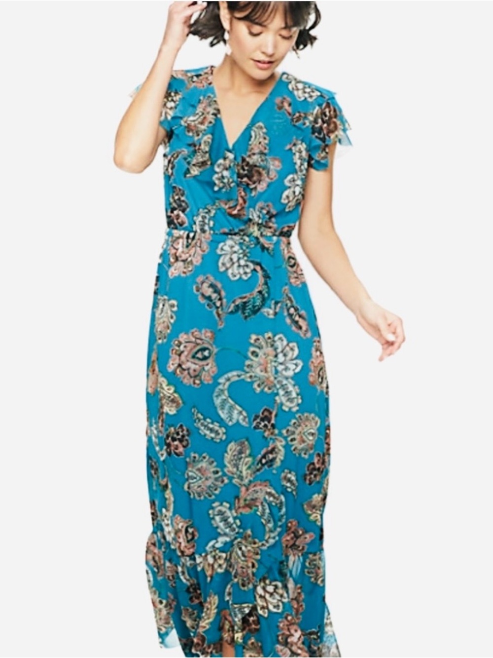 Apt. 9 Woman’s NWOT Teal Floral Faux  Wrap Tiered Ruffle Maxi Dress Size Small